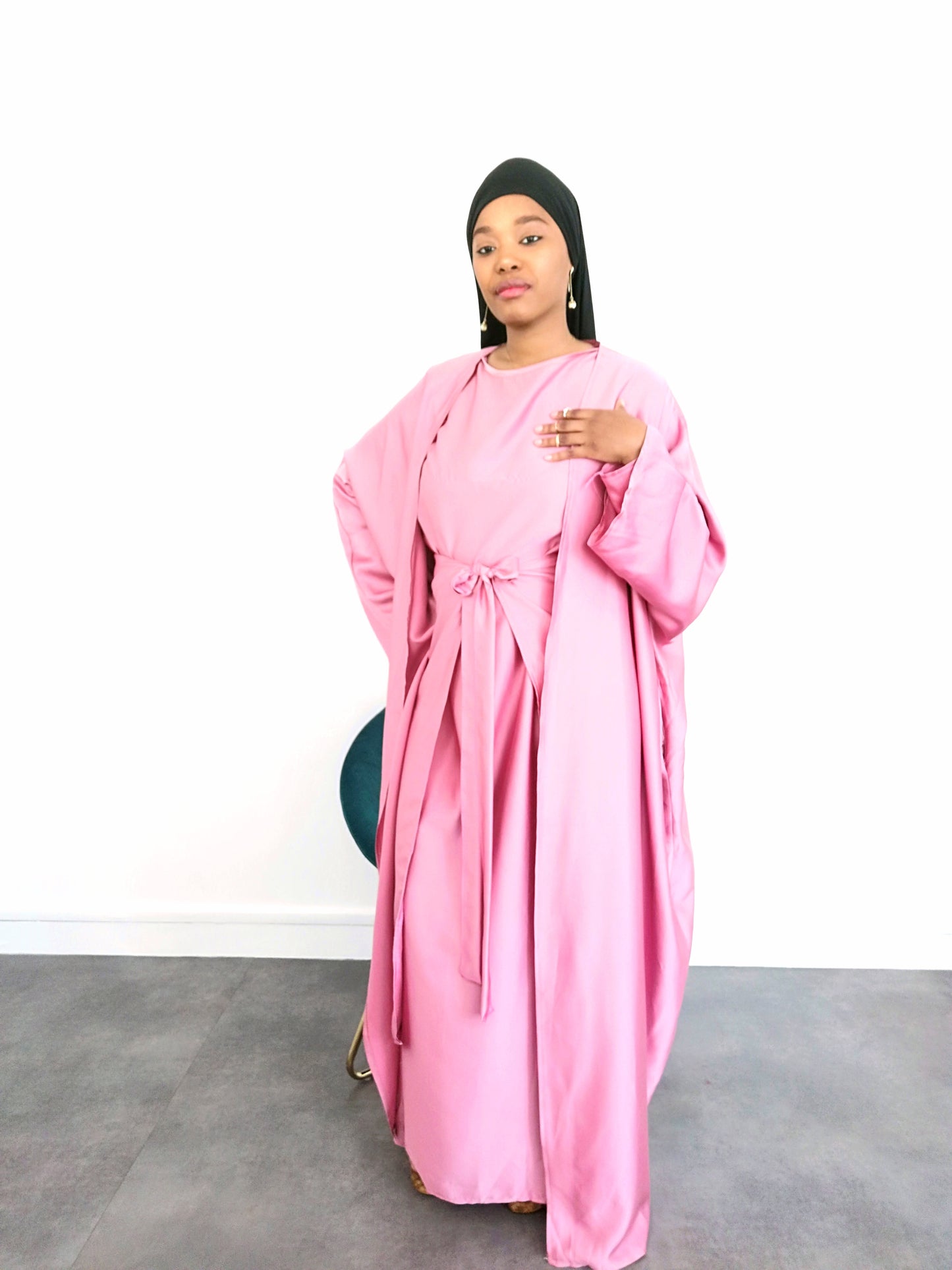 Ensemble Abaya satin 3 pieces rose
