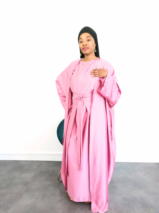 Ensemble Abaya satin 3 pieces rose