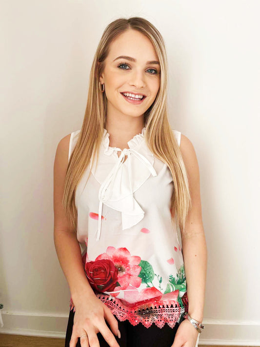 Blouse floral manche courte à dentelle