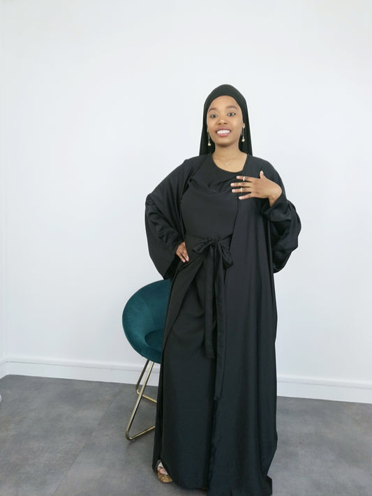 Ensemble Abaya satin 3 pieces noir