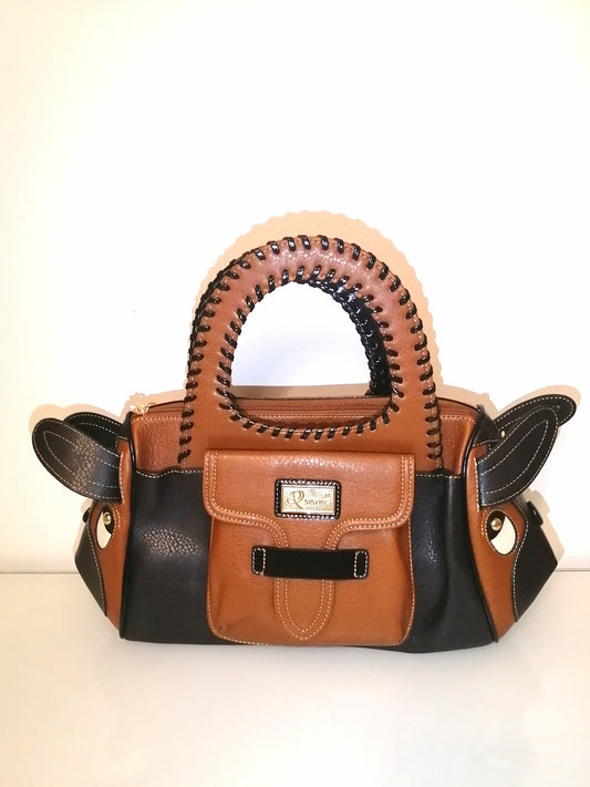 Sac à main cuir maroquinerie artisanale camel/Noir