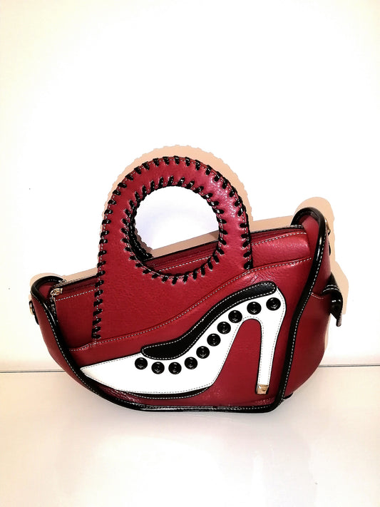 Sac à main cuir maroquinerie artisanale en forme de talon bordeaux